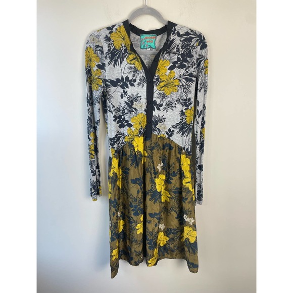 Johnny Was Dresses & Skirts - Johnny Was Womens Midi Dress XS Long Sleeve Floral Silk Blend Gray Yellow V-Neck